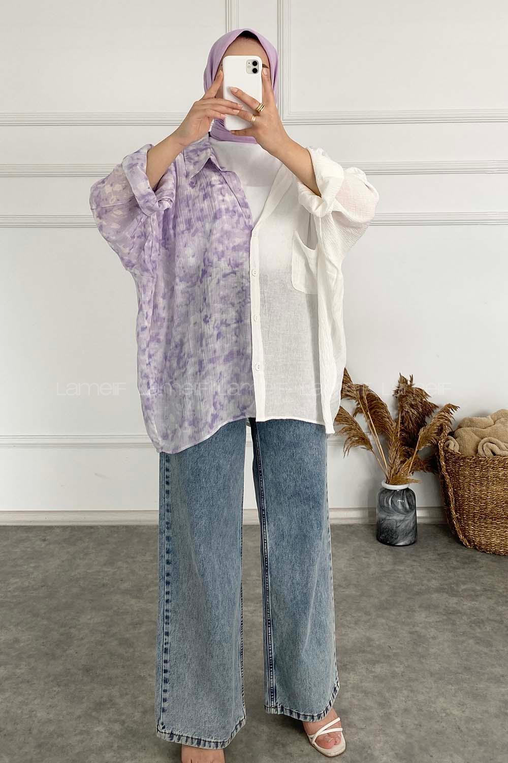 Modalamelif Oversize Renk Garnili Gömlek Lila