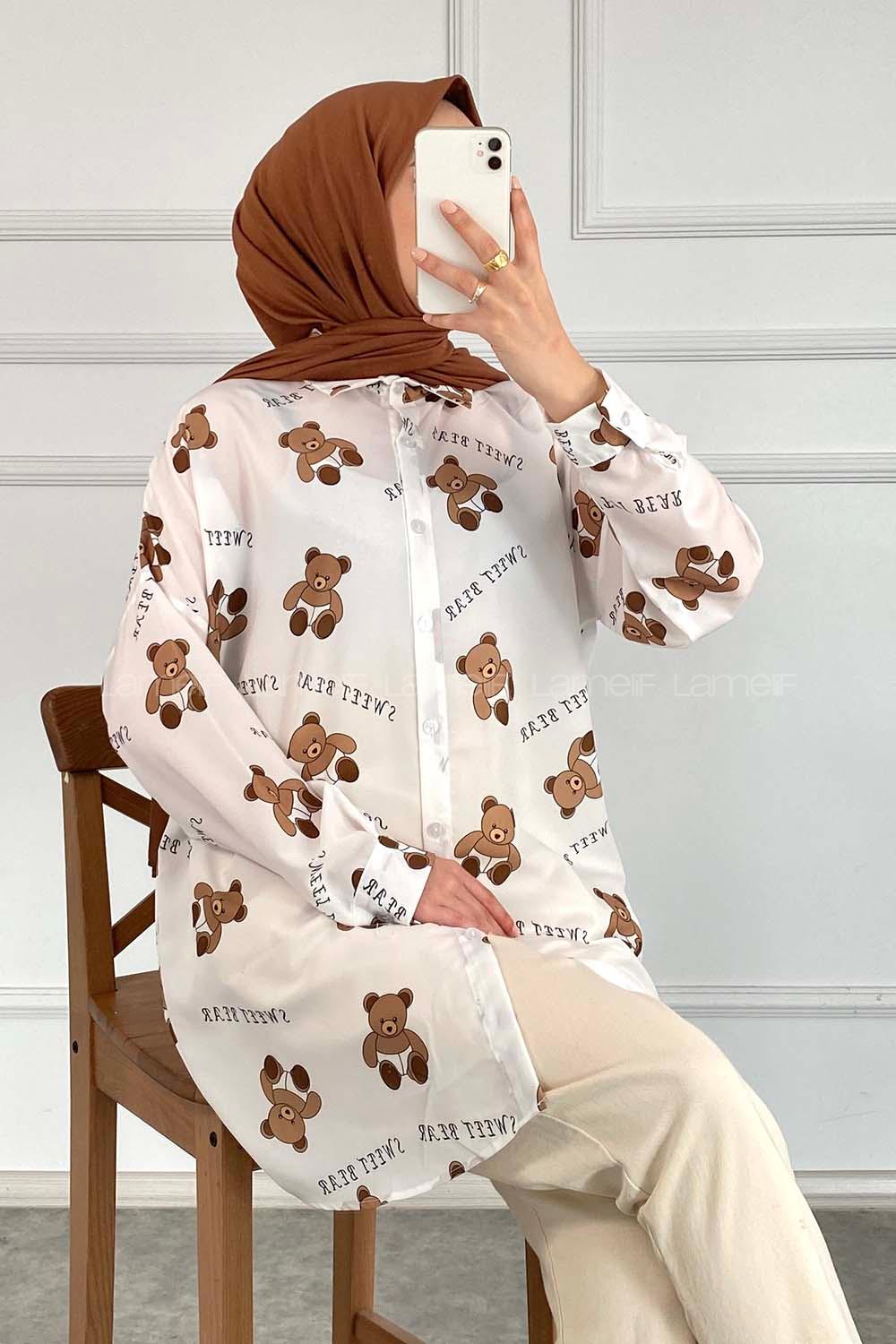 Modalamelif Bear Baskılı Gömlek Beyaz