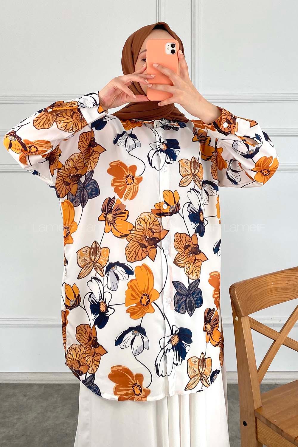 Modalamelif Çiçek Desenli Salaş Gömlek Hardal Sarısı