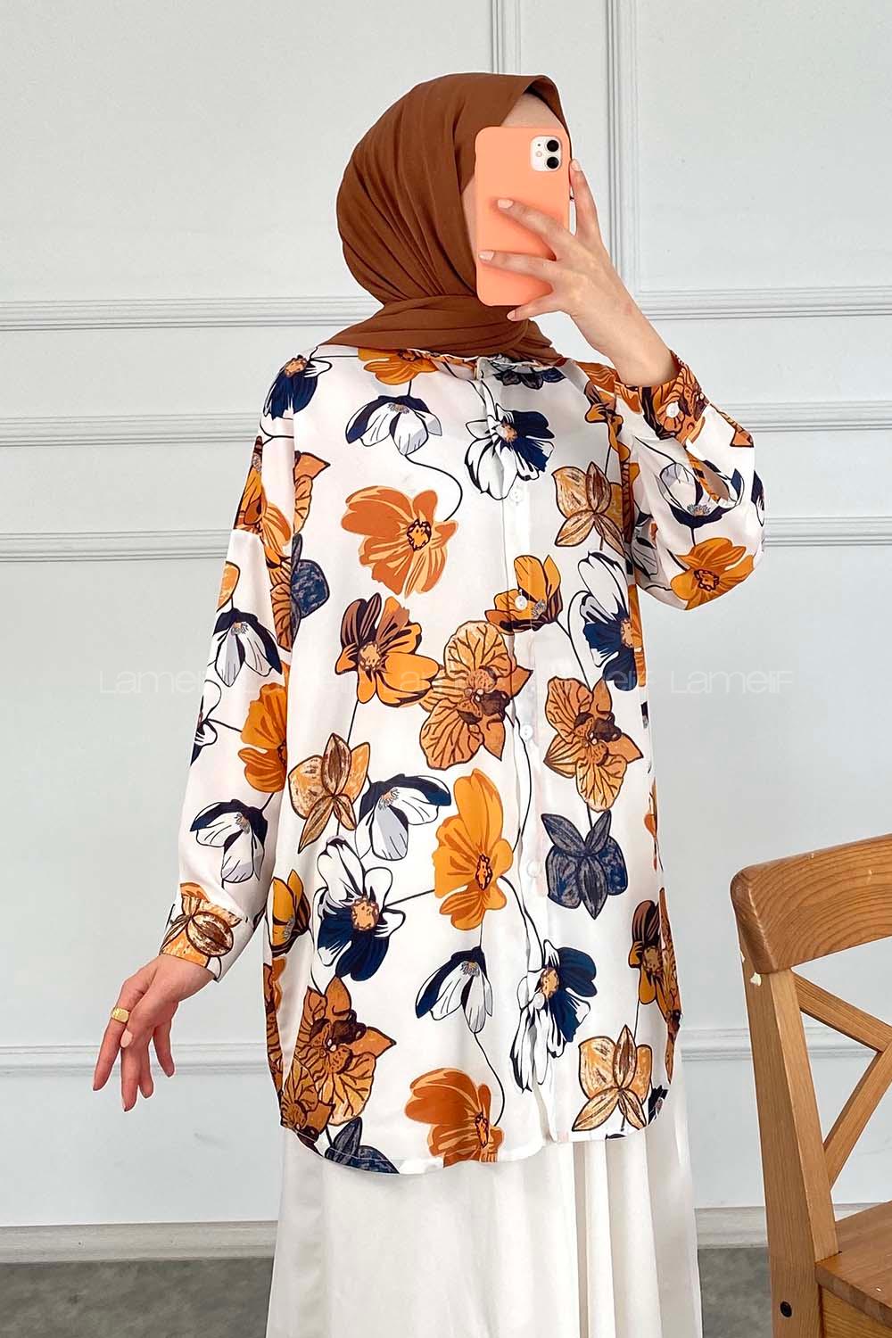 Modalamelif Çiçek Desenli Salaş Gömlek Hardal Sarısı