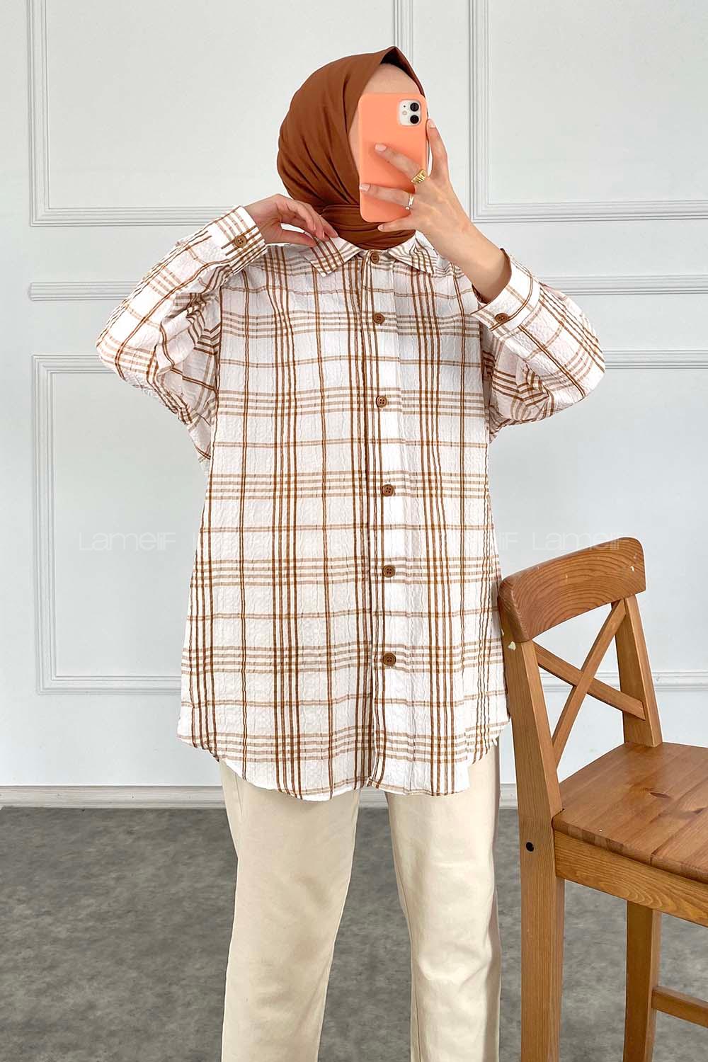 Modalamelif Kareli Salaş Gömlek Sütlü Kahve