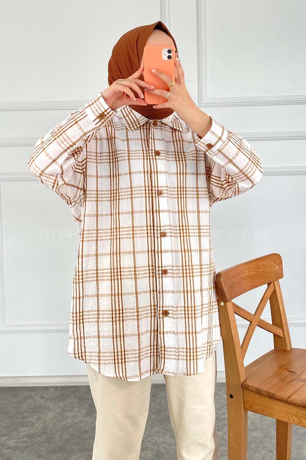 Modalamelif Kareli Salaş Gömlek Sütlü Kahve