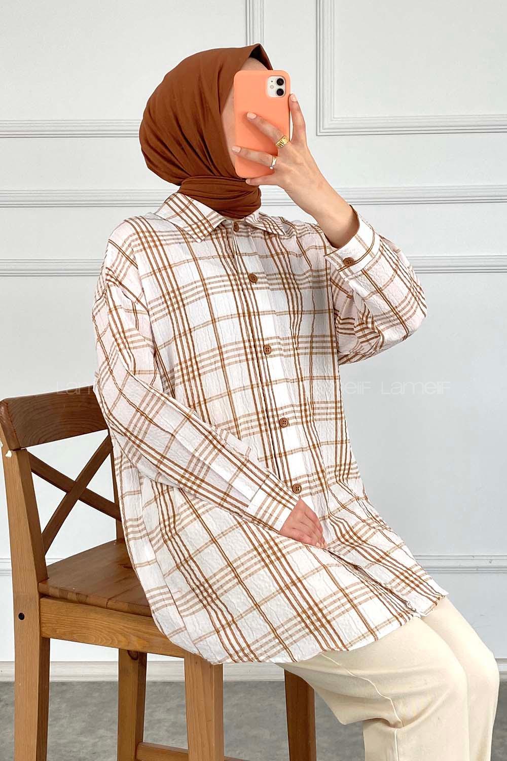 Modalamelif Kareli Salaş Gömlek Sütlü Kahve