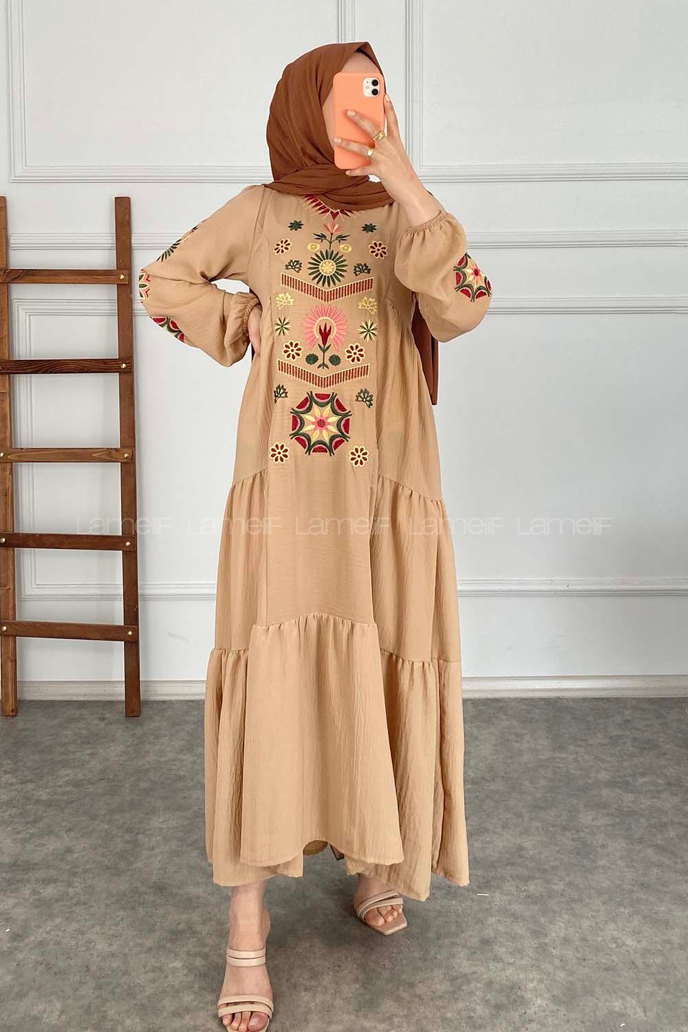 Modalamelif Kol Lastik Nakışlı Elbise Sütlü Kahve