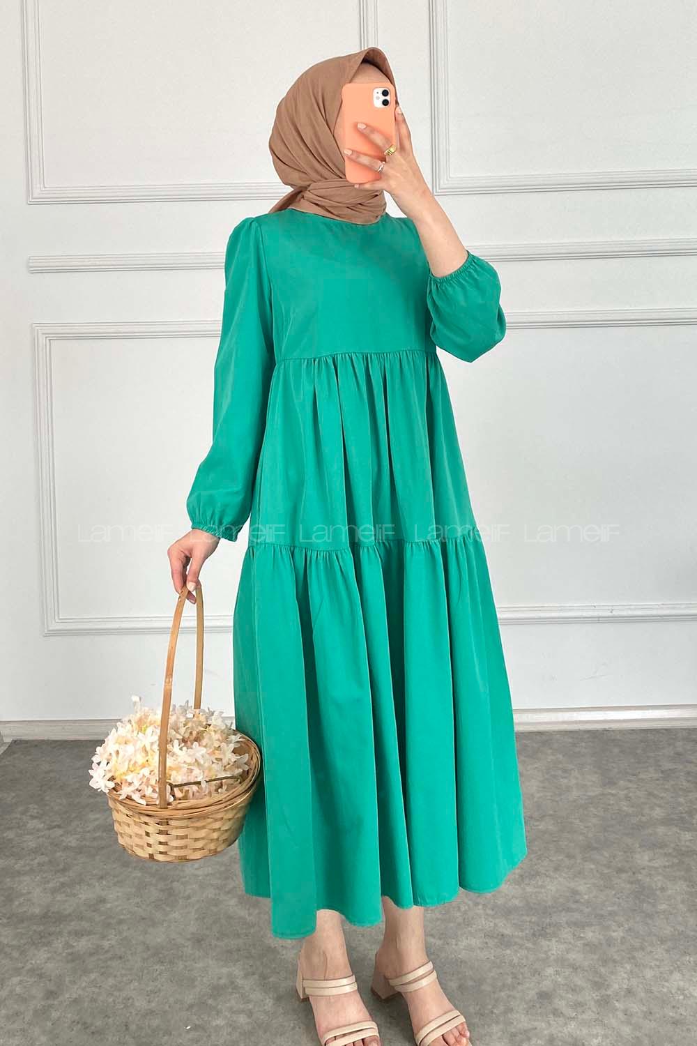 Modalamelif Kol Lastikli Fırfırlı Elbise Yeşil