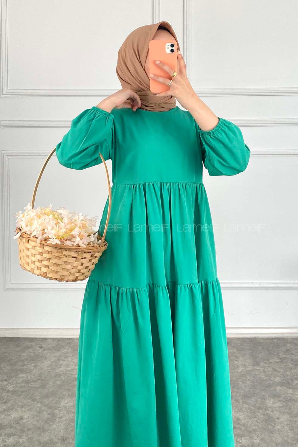 Modalamelif Kol Lastikli Fırfırlı Elbise Yeşil