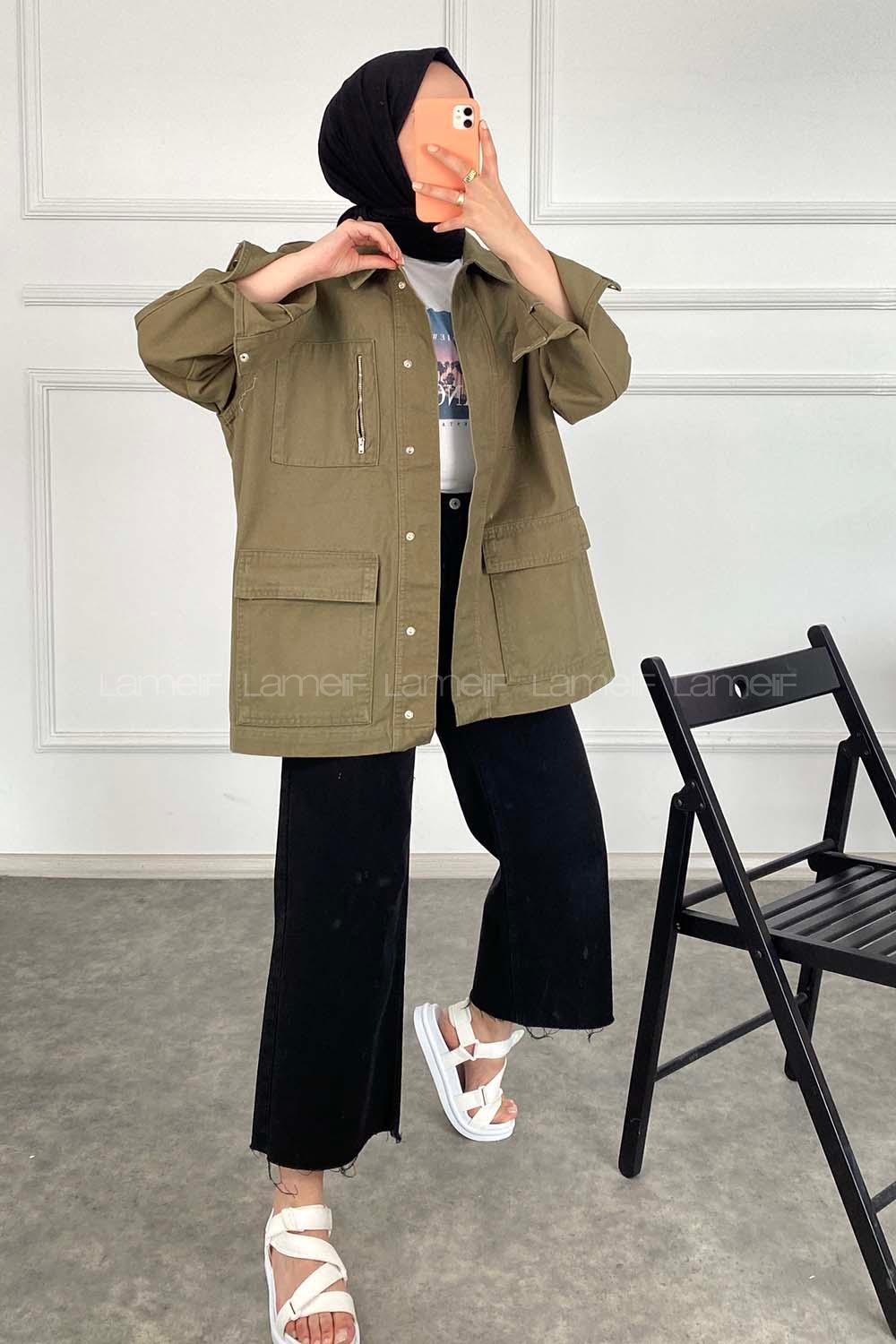 Modalamelif Önü Fermuar Detaylı Çift Cepli Gabardin Ceket Haki