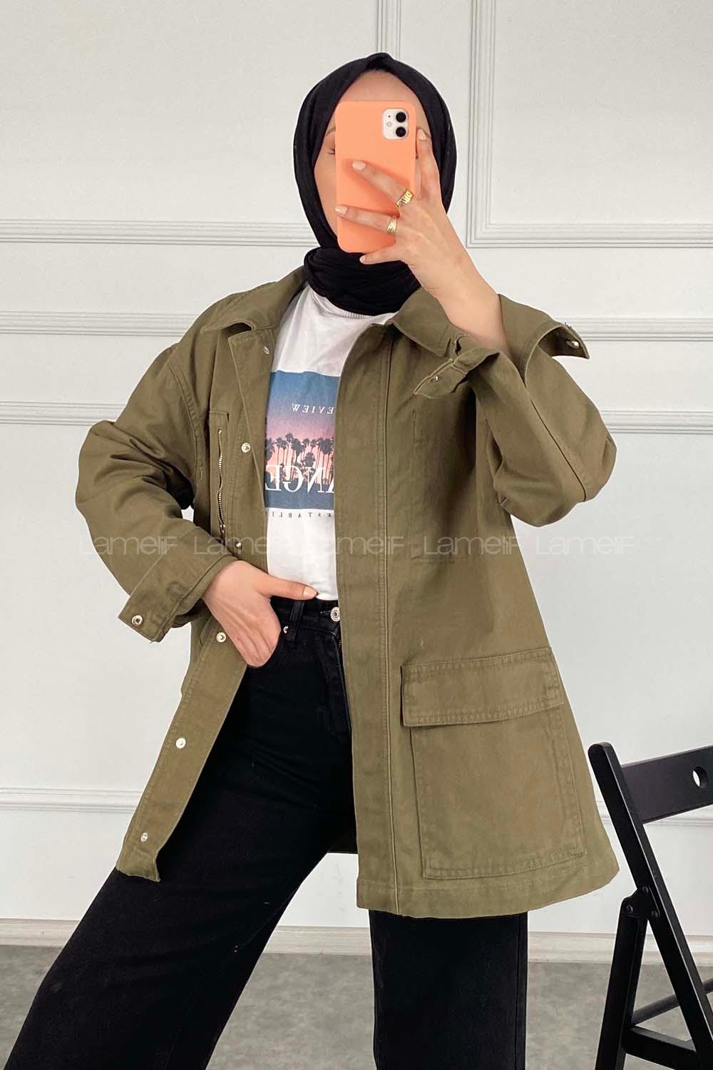 Modalamelif Önü Fermuar Detaylı Çift Cepli Gabardin Ceket Haki