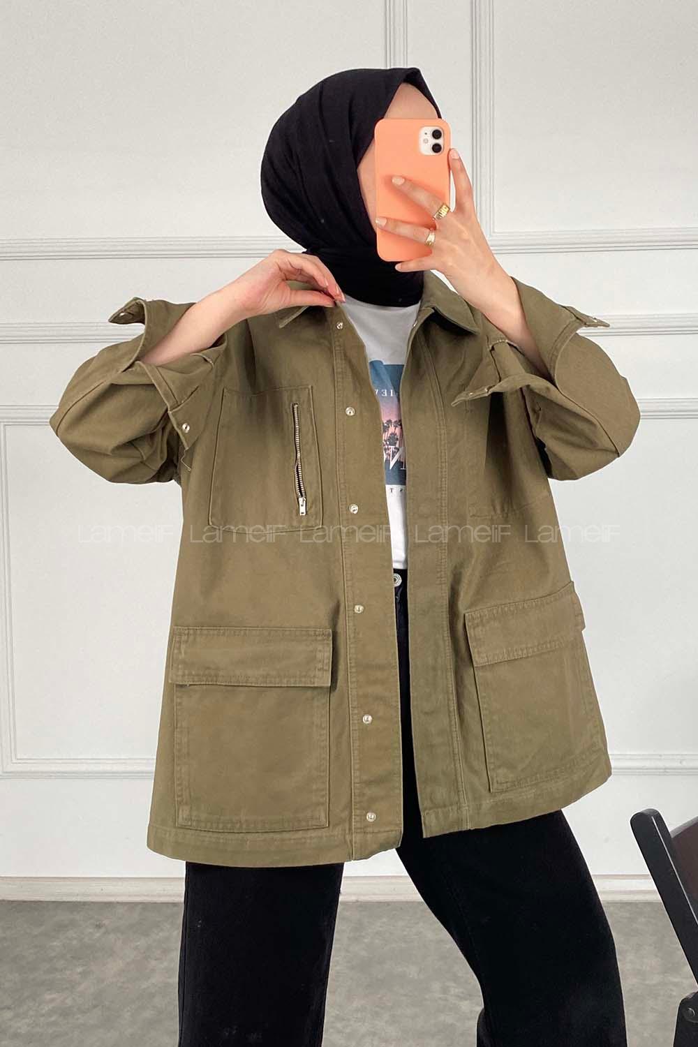 Modalamelif Önü Fermuar Detaylı Çift Cepli Gabardin Ceket Haki