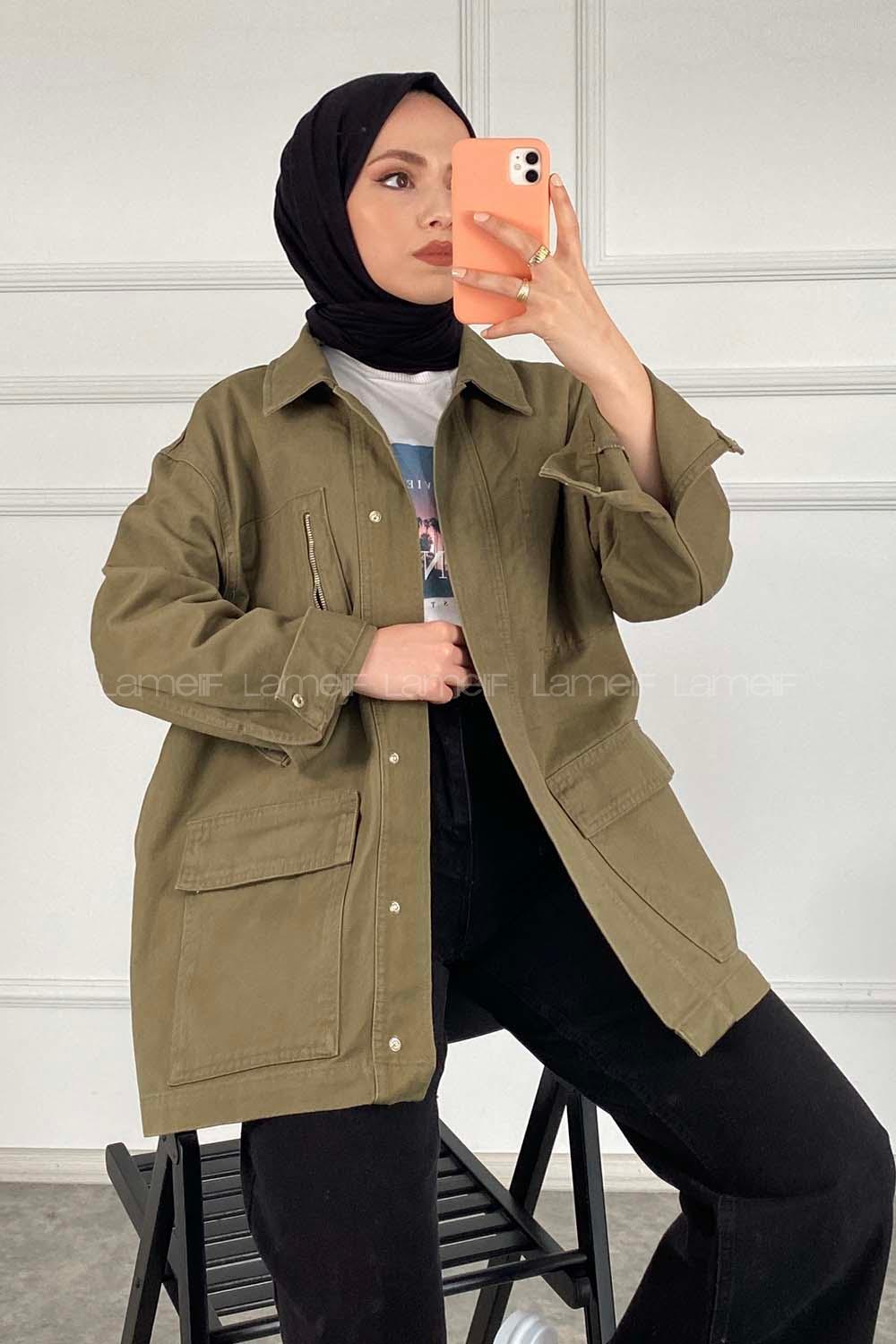 Modalamelif Önü Fermuar Detaylı Çift Cepli Gabardin Ceket Haki