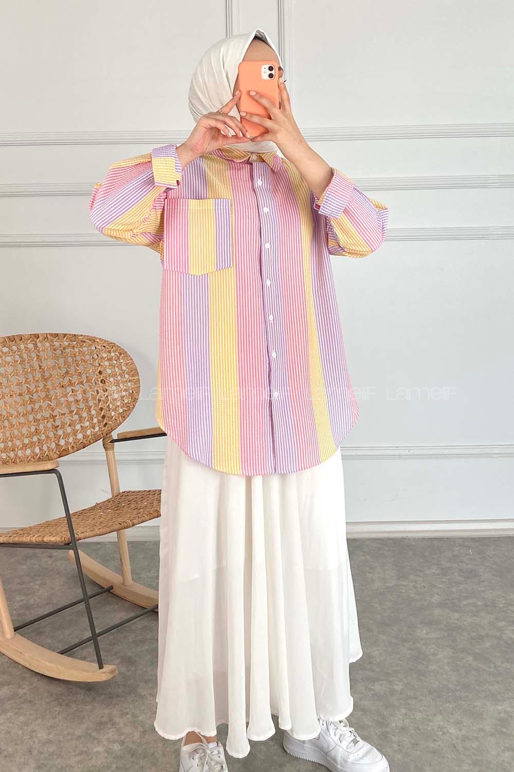 Modalamelif Renk Garnili Çizgili Gömlek Lila