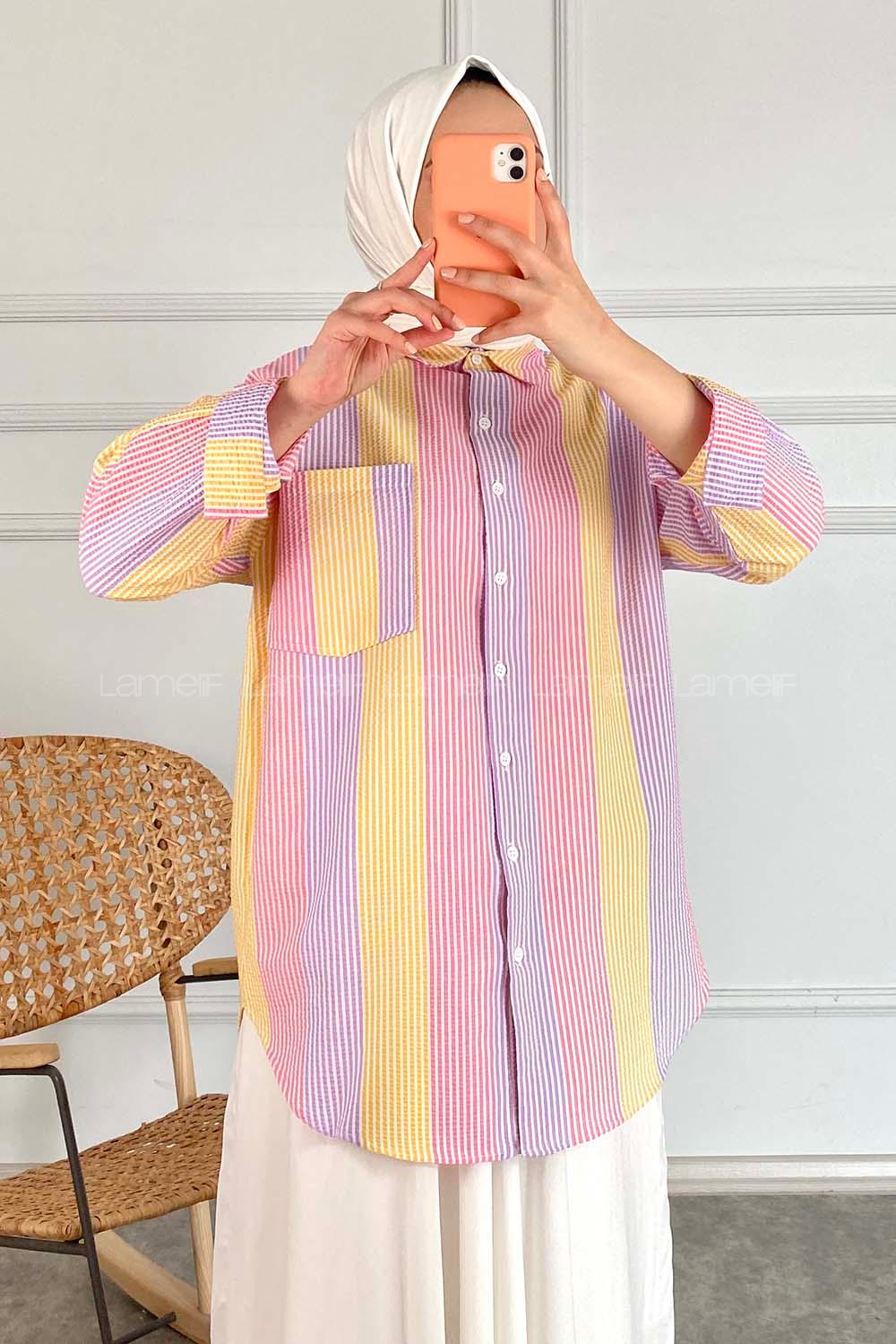 Modalamelif Renk Garnili Çizgili Gömlek Lila