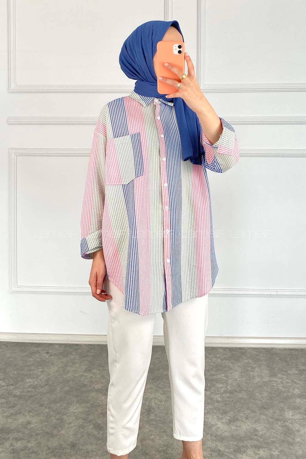 Modalamelif Renk Garnili Çizgili Gömlek Mint Yeşili