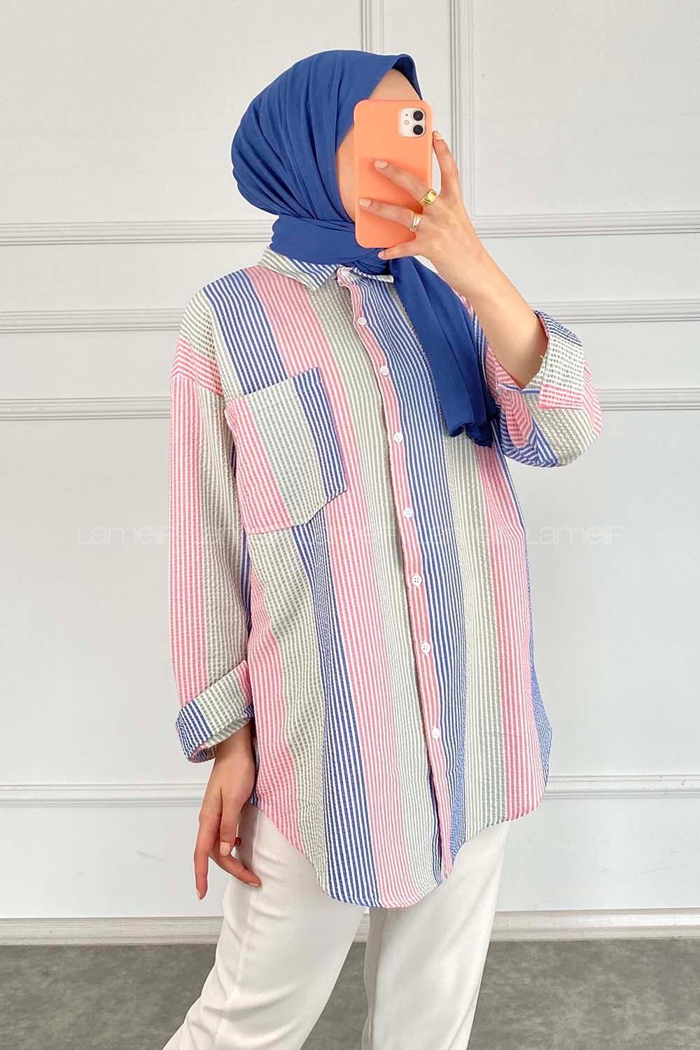 Modalamelif Renk Garnili Çizgili Gömlek Mint Yeşili