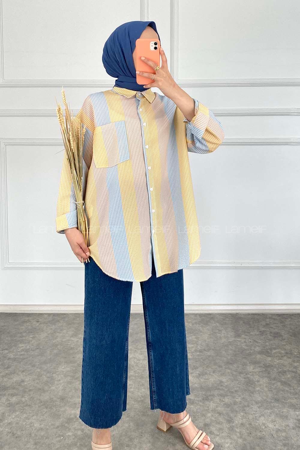 Modalamelif Renk Garnili Çizgili Gömlek Sarı