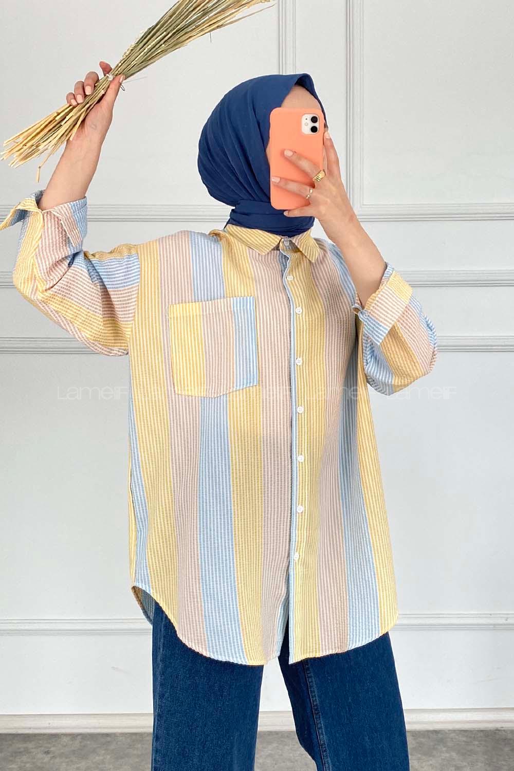 Modalamelif Renk Garnili Çizgili Gömlek Sarı