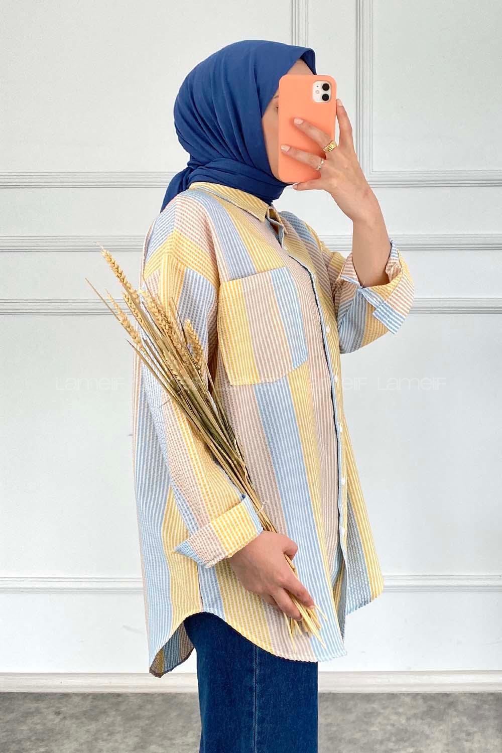 Modalamelif Renk Garnili Çizgili Gömlek Sarı
