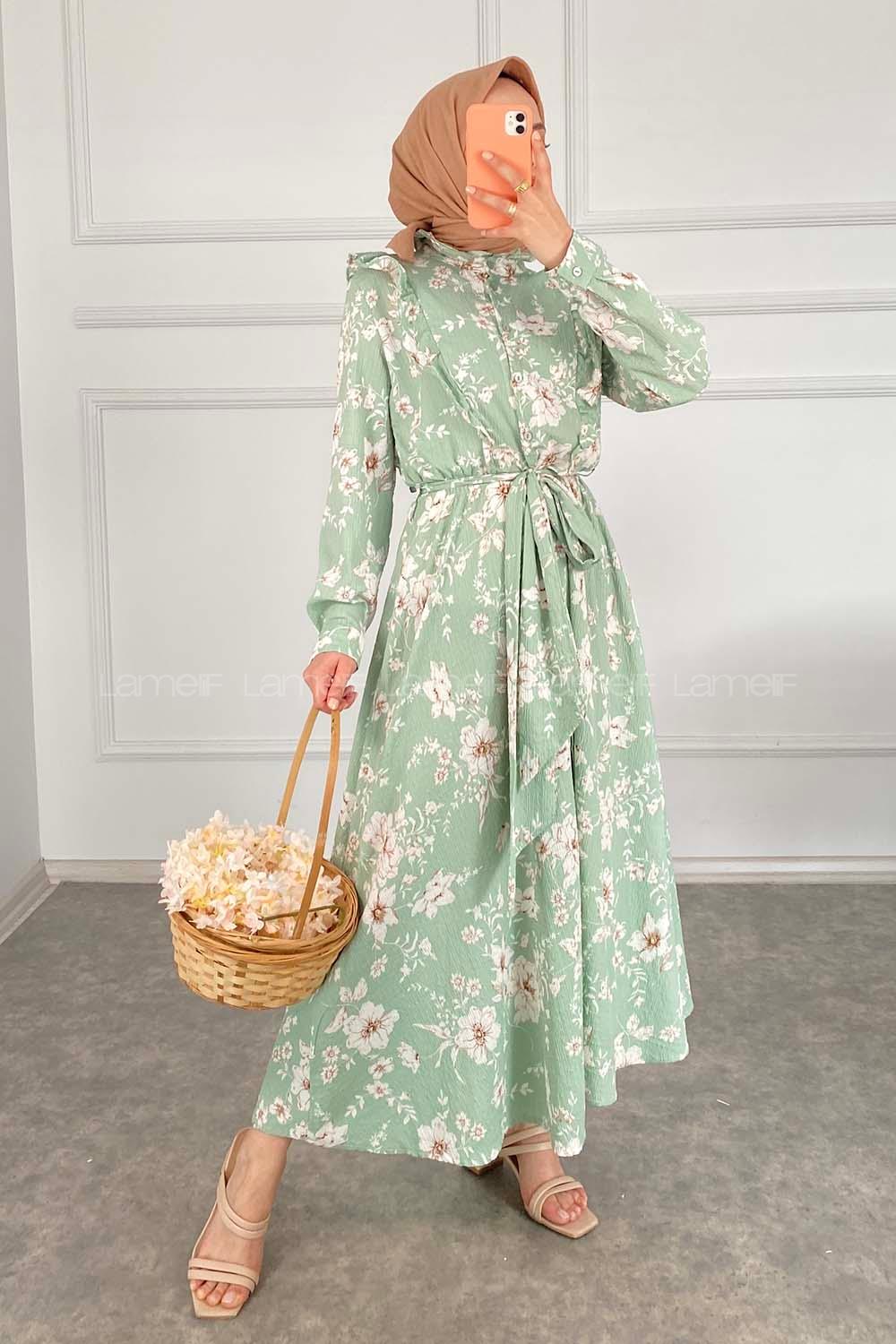 Modalamelif Yaka Fırfırlı Çiçek Desenli Elbise Çağla Yeşili