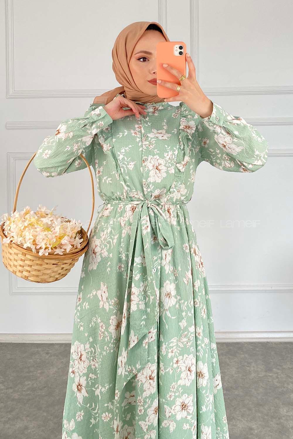 Modalamelif Yaka Fırfırlı Çiçek Desenli Elbise Çağla Yeşili