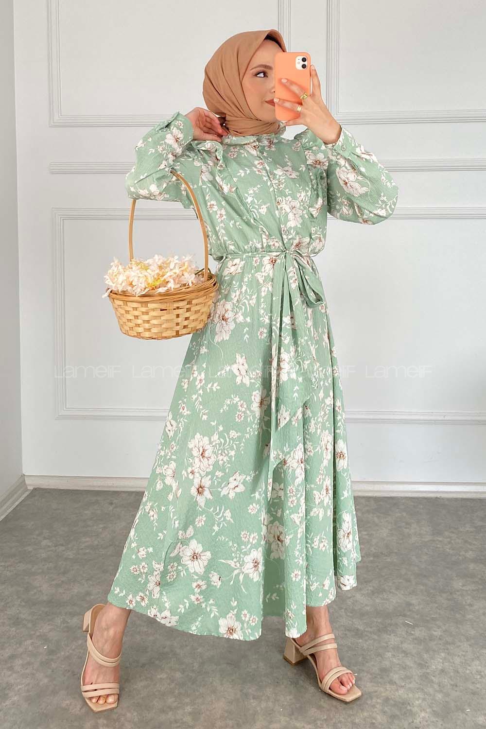 Modalamelif Yaka Fırfırlı Çiçek Desenli Elbise Çağla Yeşili