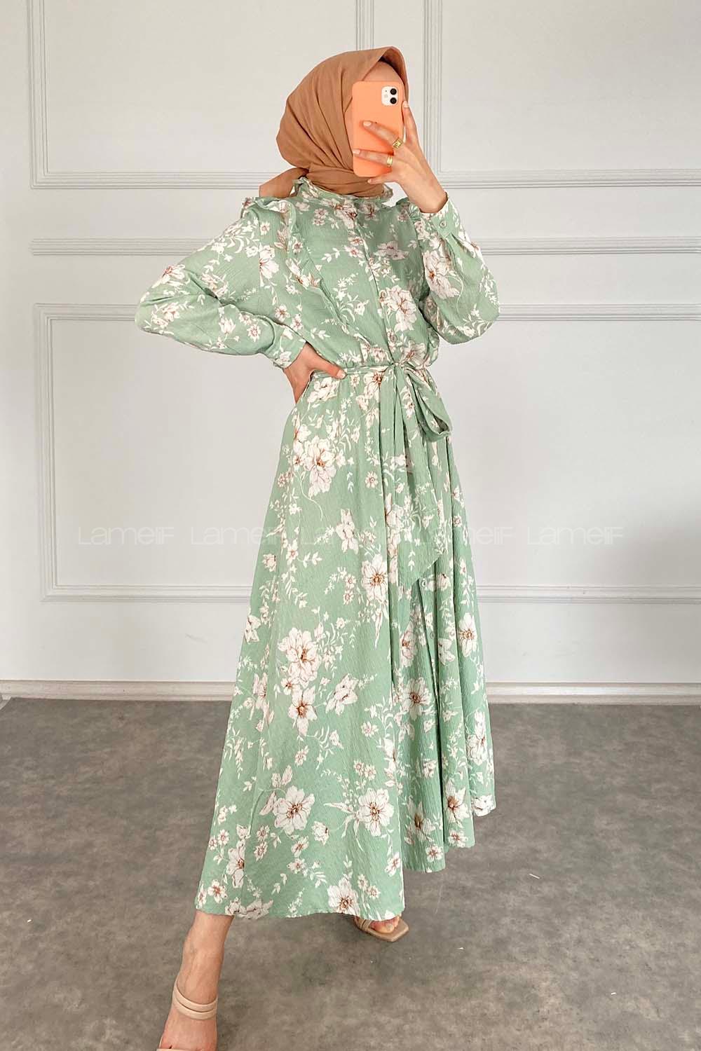 Modalamelif Yaka Fırfırlı Çiçek Desenli Elbise Çağla Yeşili