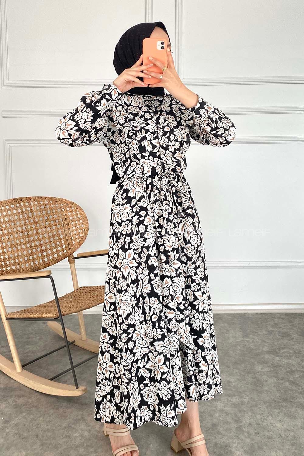 Modalamelif Yaka Fırfırlı Çiçek Desenli Elbise Siyah