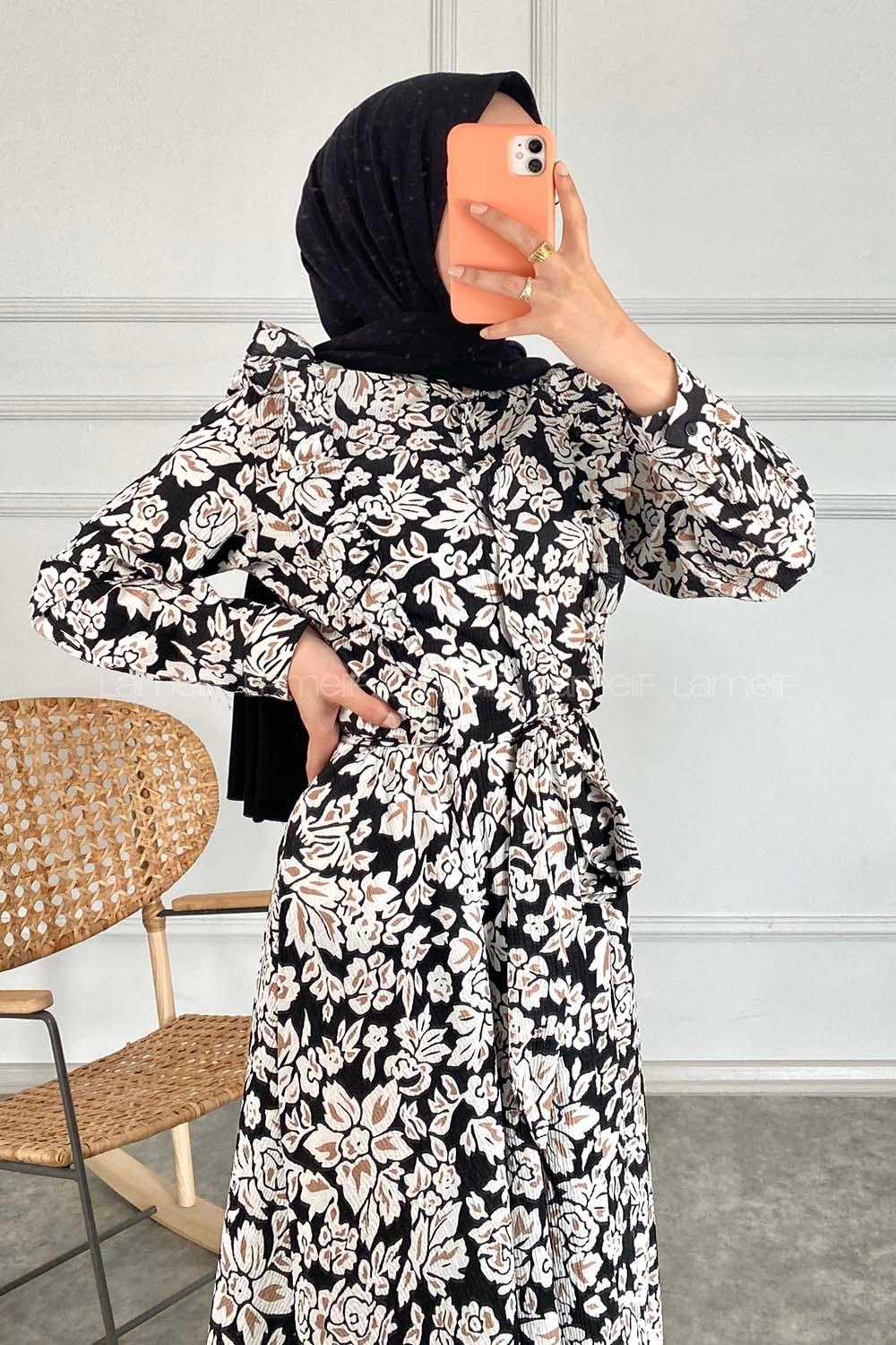 Modalamelif Yaka Fırfırlı Çiçek Desenli Elbise Siyah