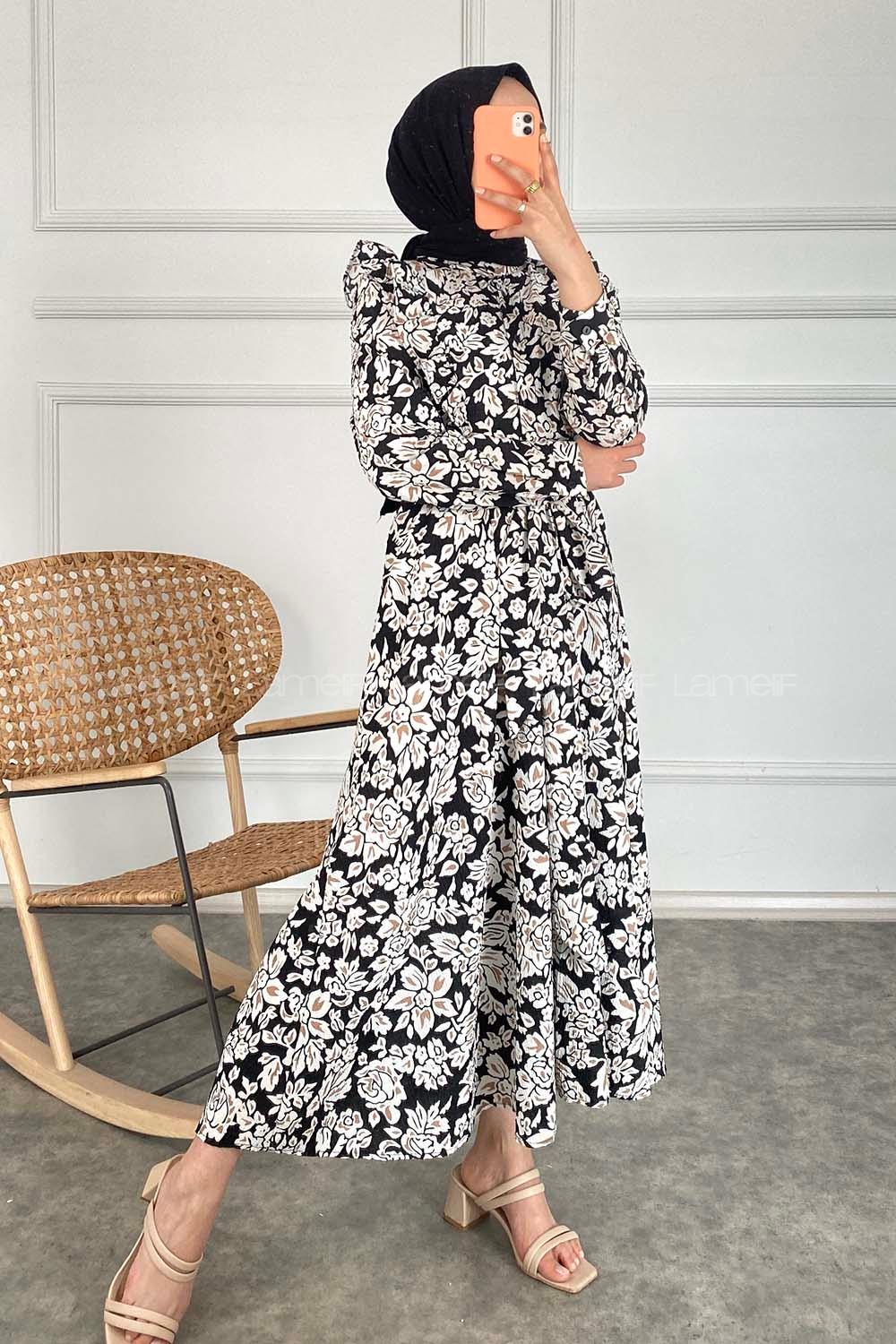 Modalamelif Yaka Fırfırlı Çiçek Desenli Elbise Siyah