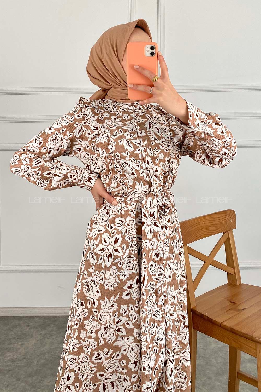 Modalamelif Yaka Fırfırlı Çiçek Desenli Elbise Sütlü Kahve
