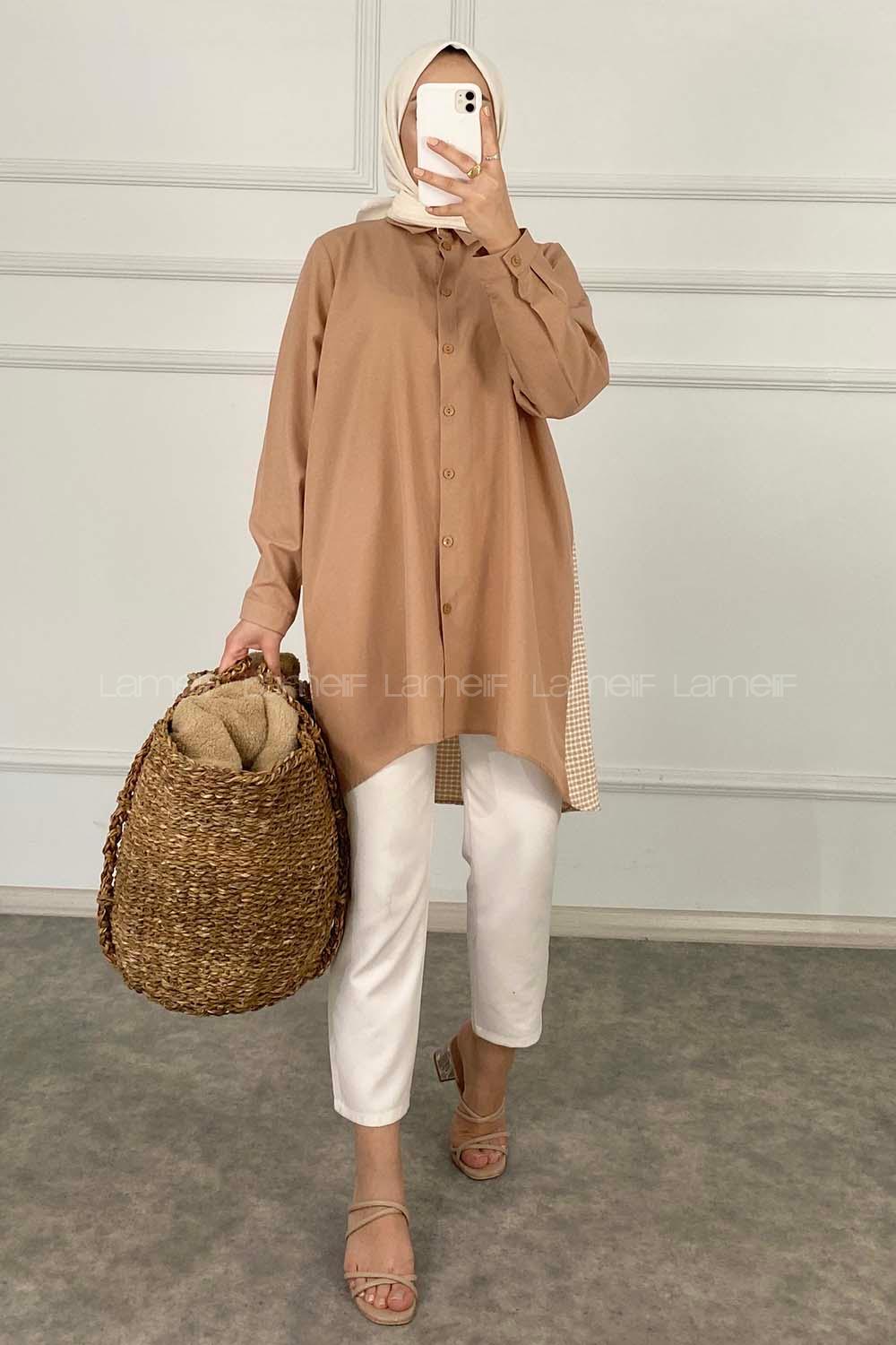 Modalamelif Arkası Pötikare Garnili Gömlek Camel