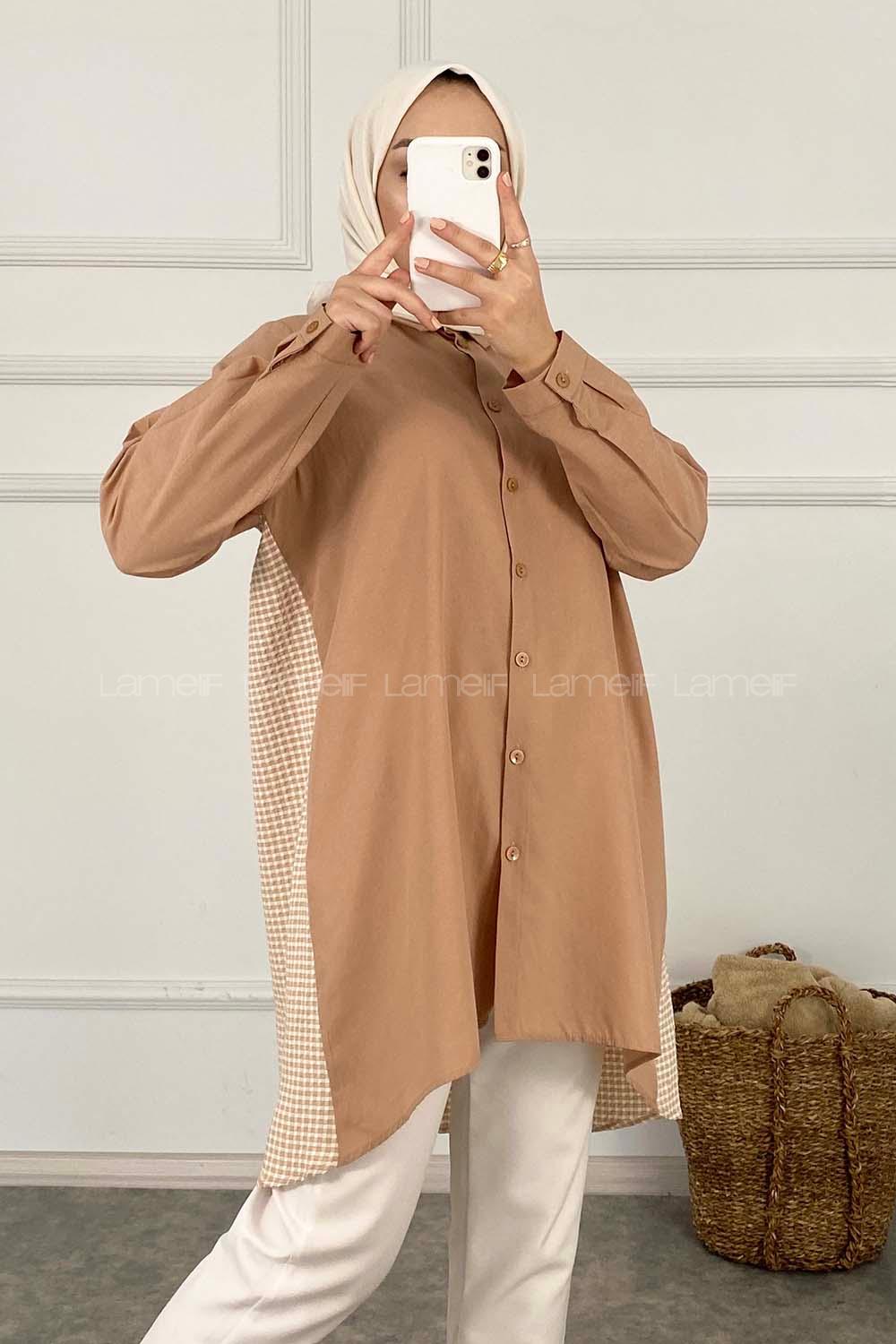 Modalamelif Arkası Pötikare Garnili Gömlek Camel