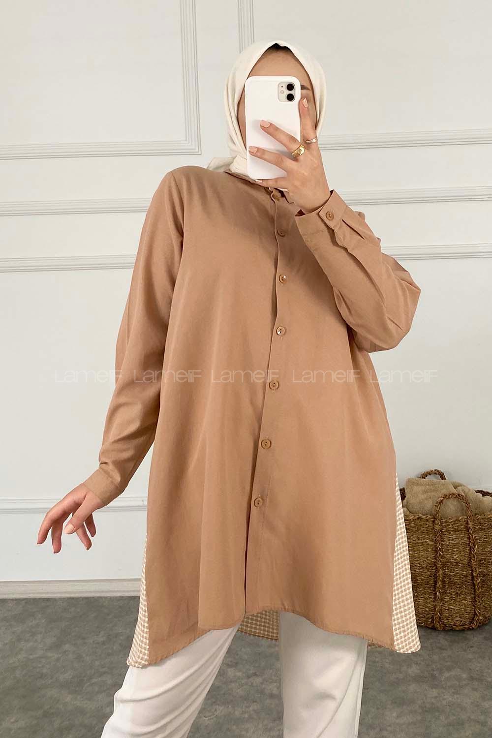 Modalamelif Arkası Pötikare Garnili Gömlek Camel