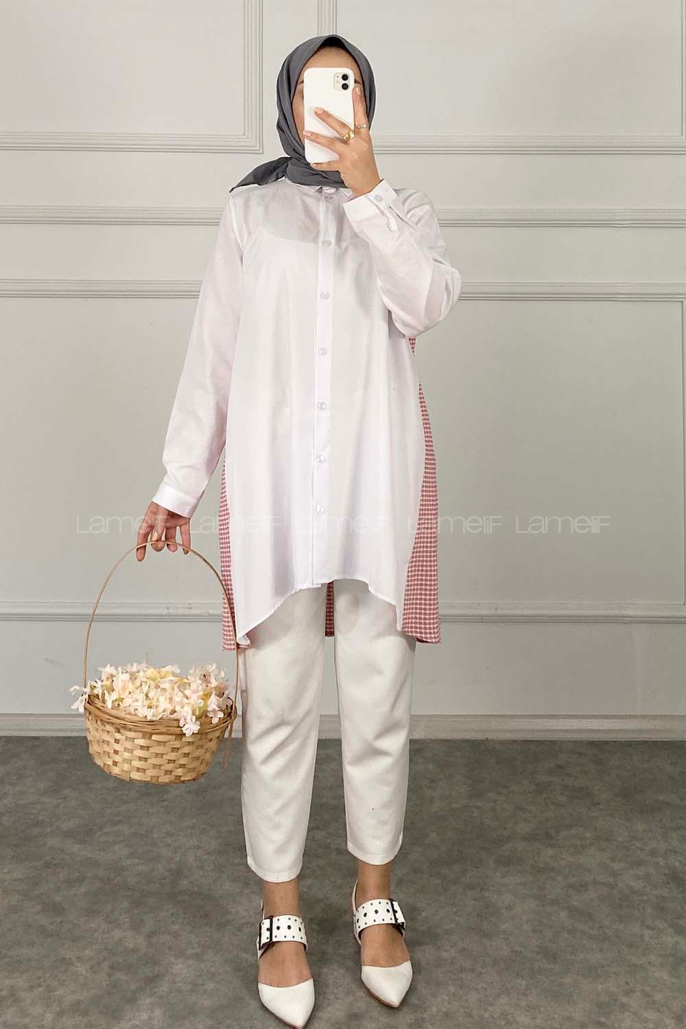 Modalamelif Arkası Pötikare Garnili Gömlek Gül