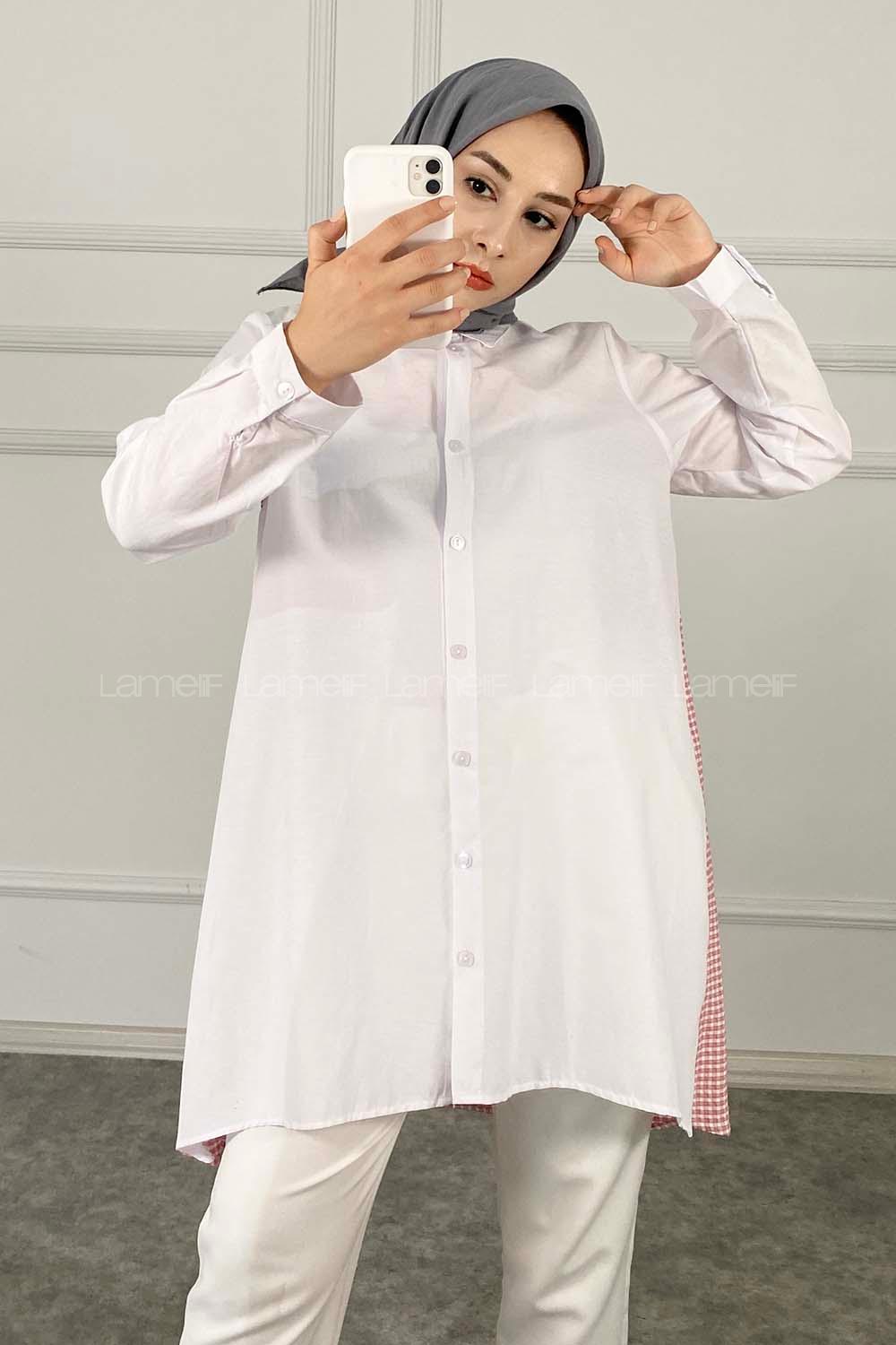 Modalamelif Arkası Pötikare Garnili Gömlek Gül