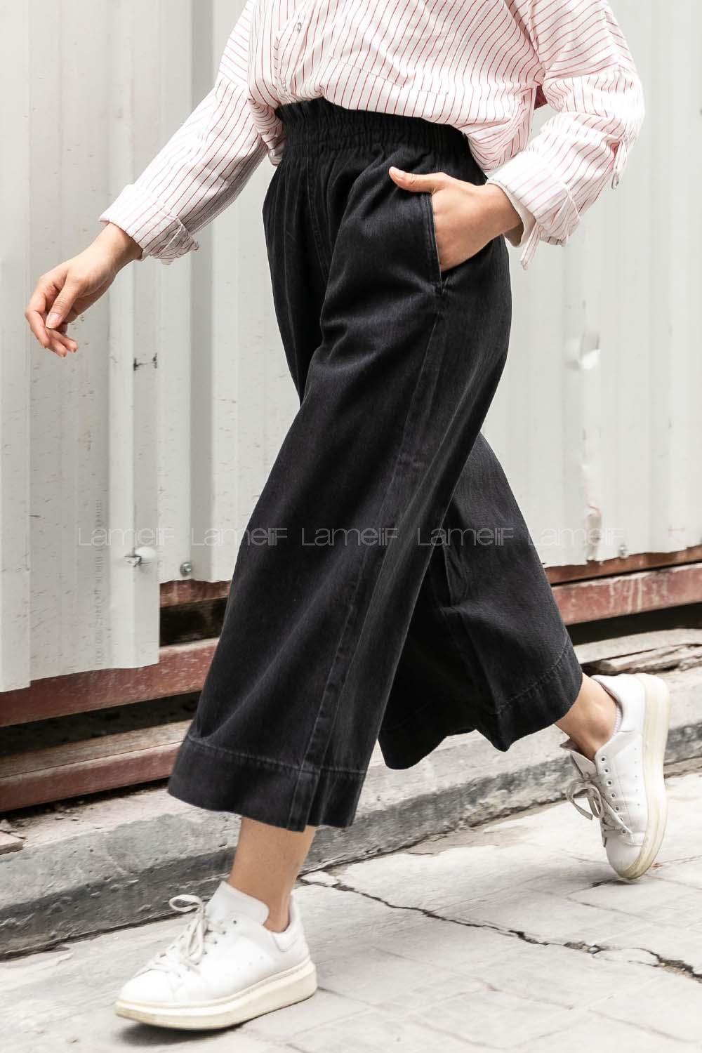 Modalamelif Bel lastikli Bol Paça Midi Boy Jean Siyah