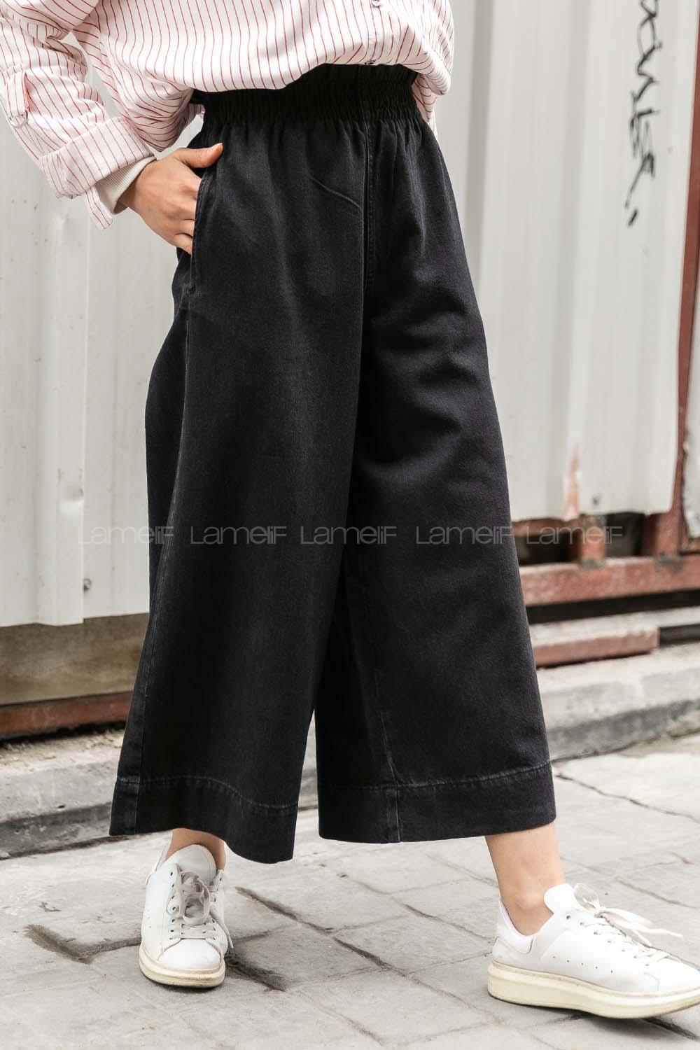 Modalamelif Bel lastikli Bol Paça Midi Boy Jean Siyah