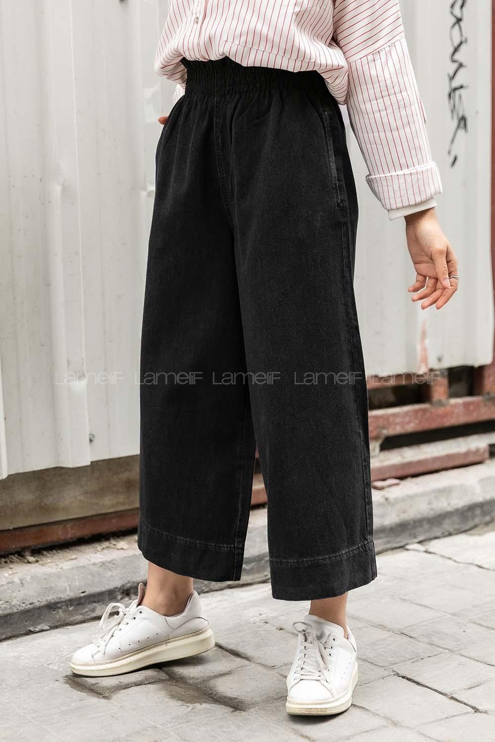 Modalamelif Bel lastikli Bol Paça Midi Boy Jean Siyah