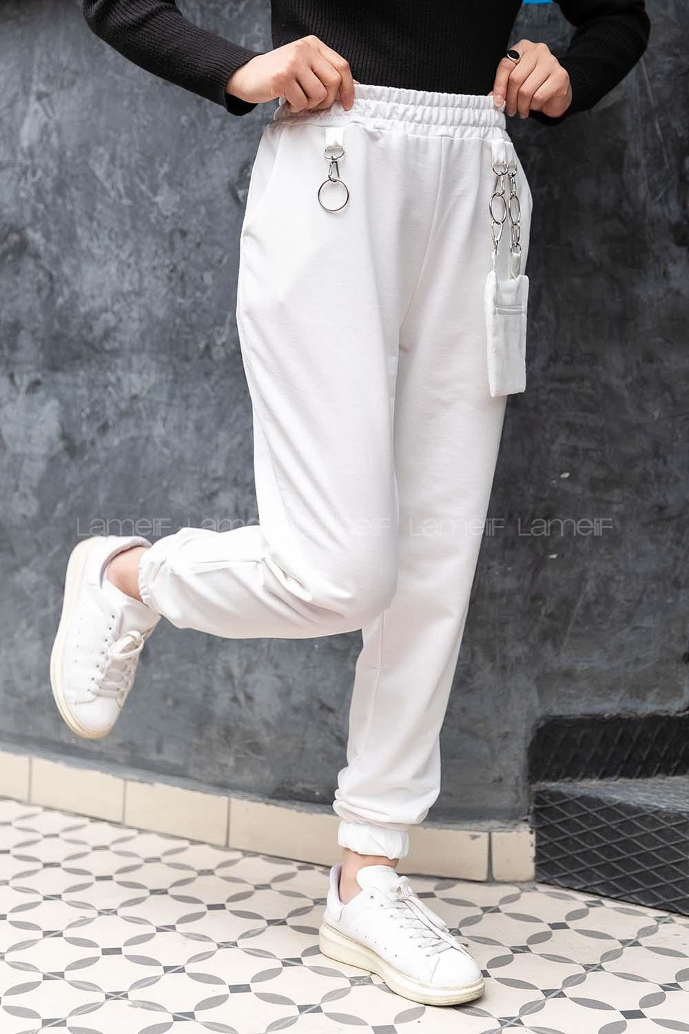 Modalamelif Bel ve Paça Lastikli Cüzdan Cepli Eşofman Beyaz