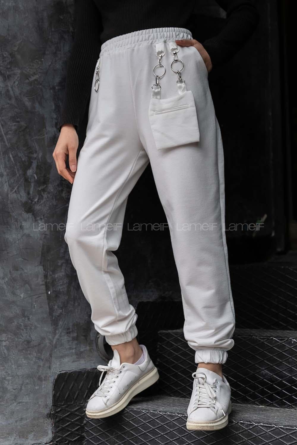 Modalamelif Bel ve Paça Lastikli Cüzdan Cepli Eşofman Beyaz