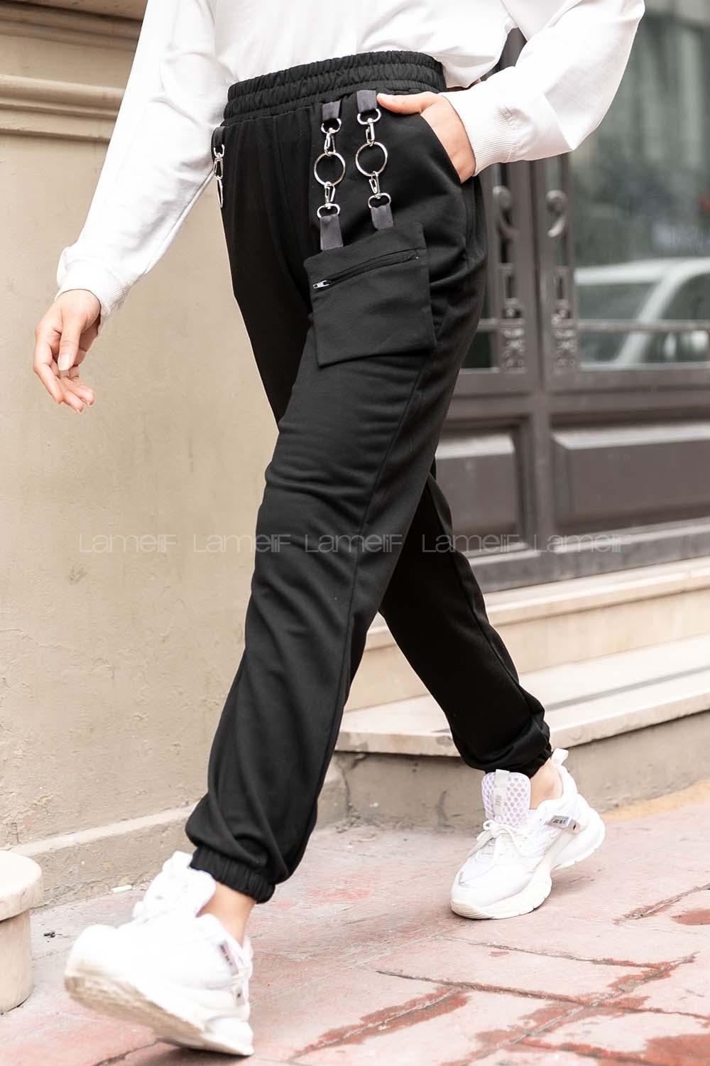 Modalamelif Bel ve Paça Lastikli Cüzdan Cepli Eşofman Siyah