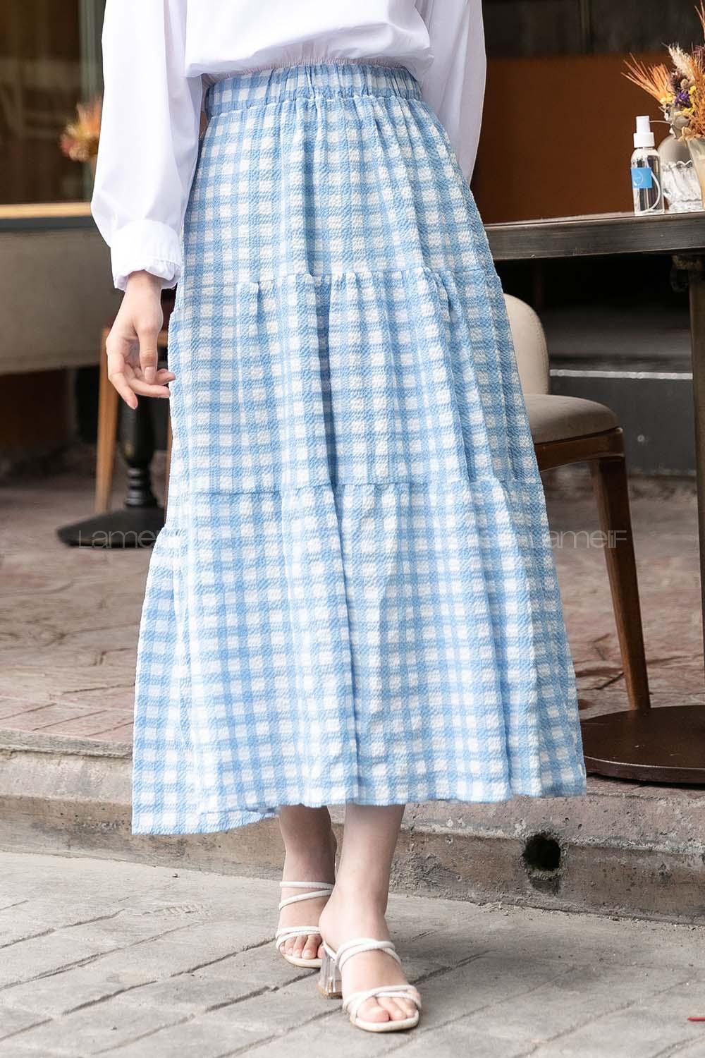 Modalamelif Beli Lastikli Ekose Fırfırlı Etek Açık Mavi