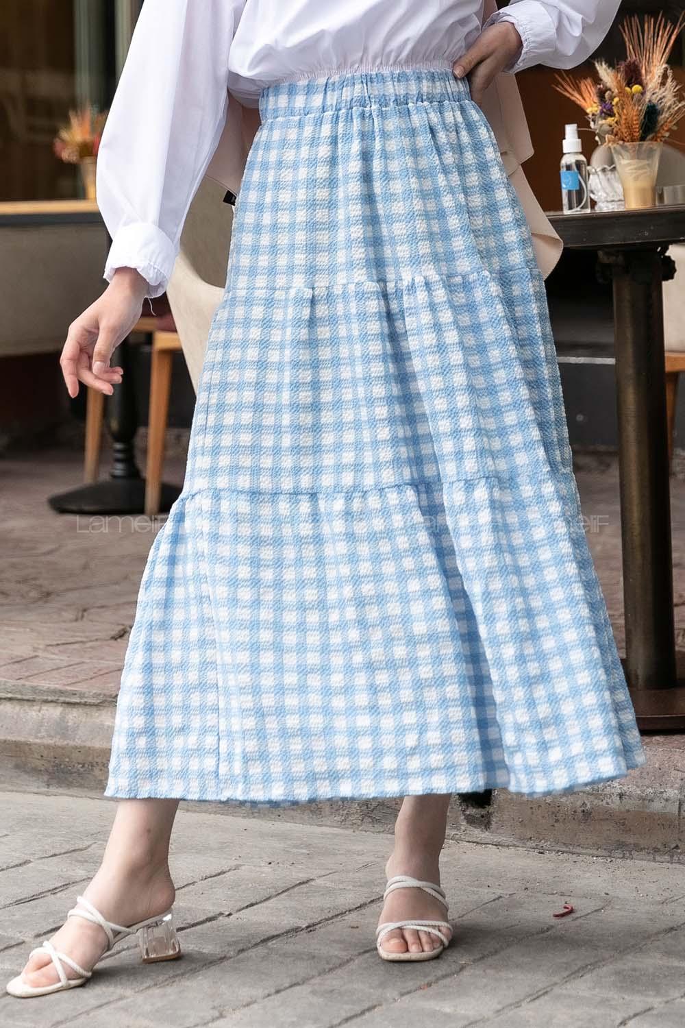 Modalamelif Beli Lastikli Ekose Fırfırlı Etek Açık Mavi