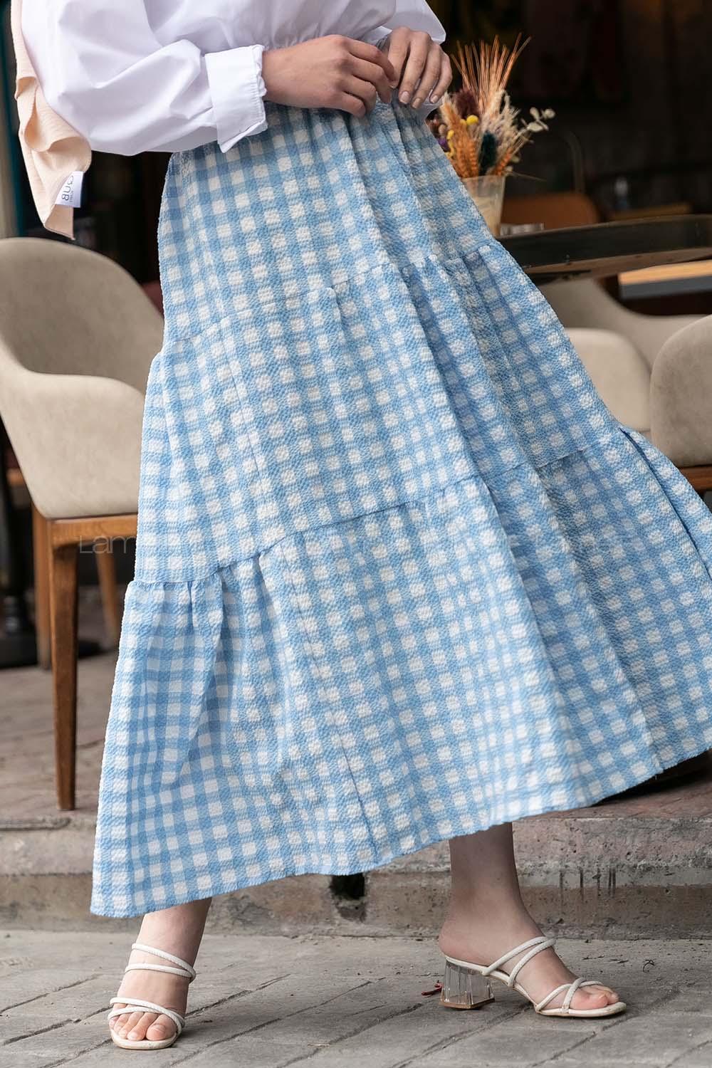 Modalamelif Beli Lastikli Ekose Fırfırlı Etek Açık Mavi