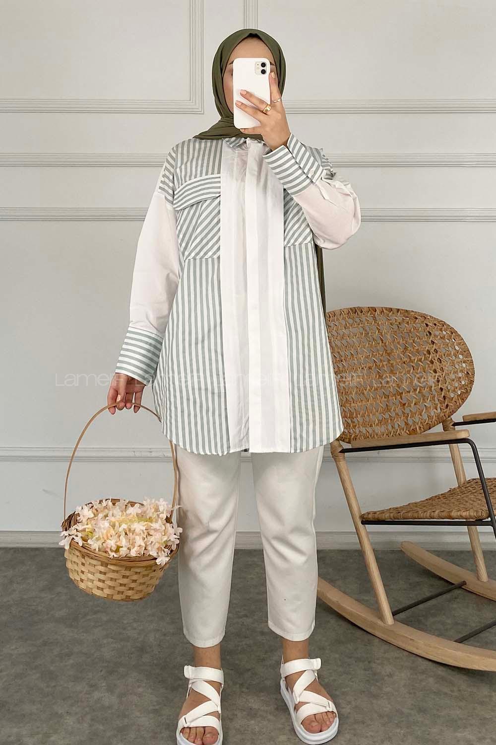 Modalamelif Çift Kapak Cepli Çizgili Gömlek Çağla Yeşili