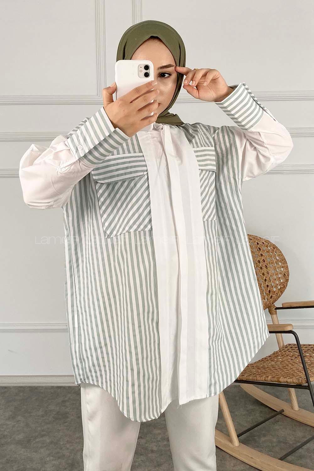 Modalamelif Çift Kapak Cepli Çizgili Gömlek Çağla Yeşili