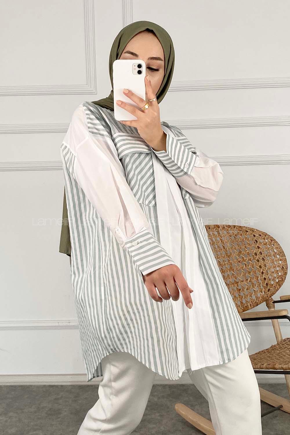 Modalamelif Çift Kapak Cepli Çizgili Gömlek Çağla Yeşili