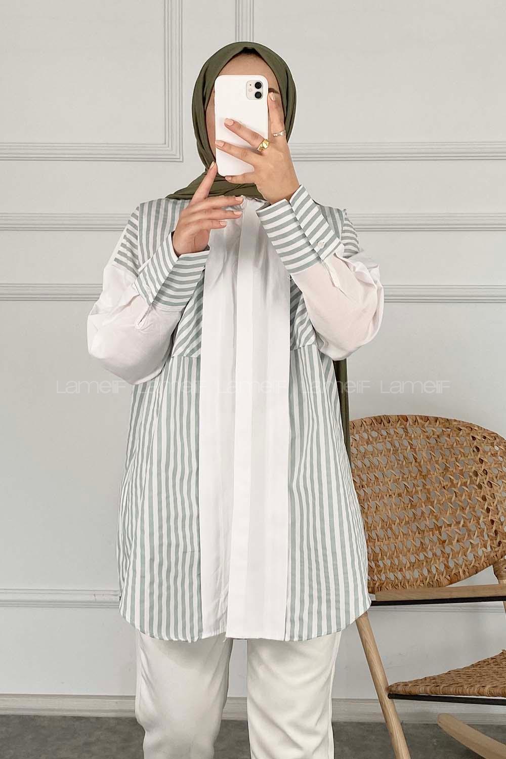 Modalamelif Çift Kapak Cepli Çizgili Gömlek Çağla Yeşili