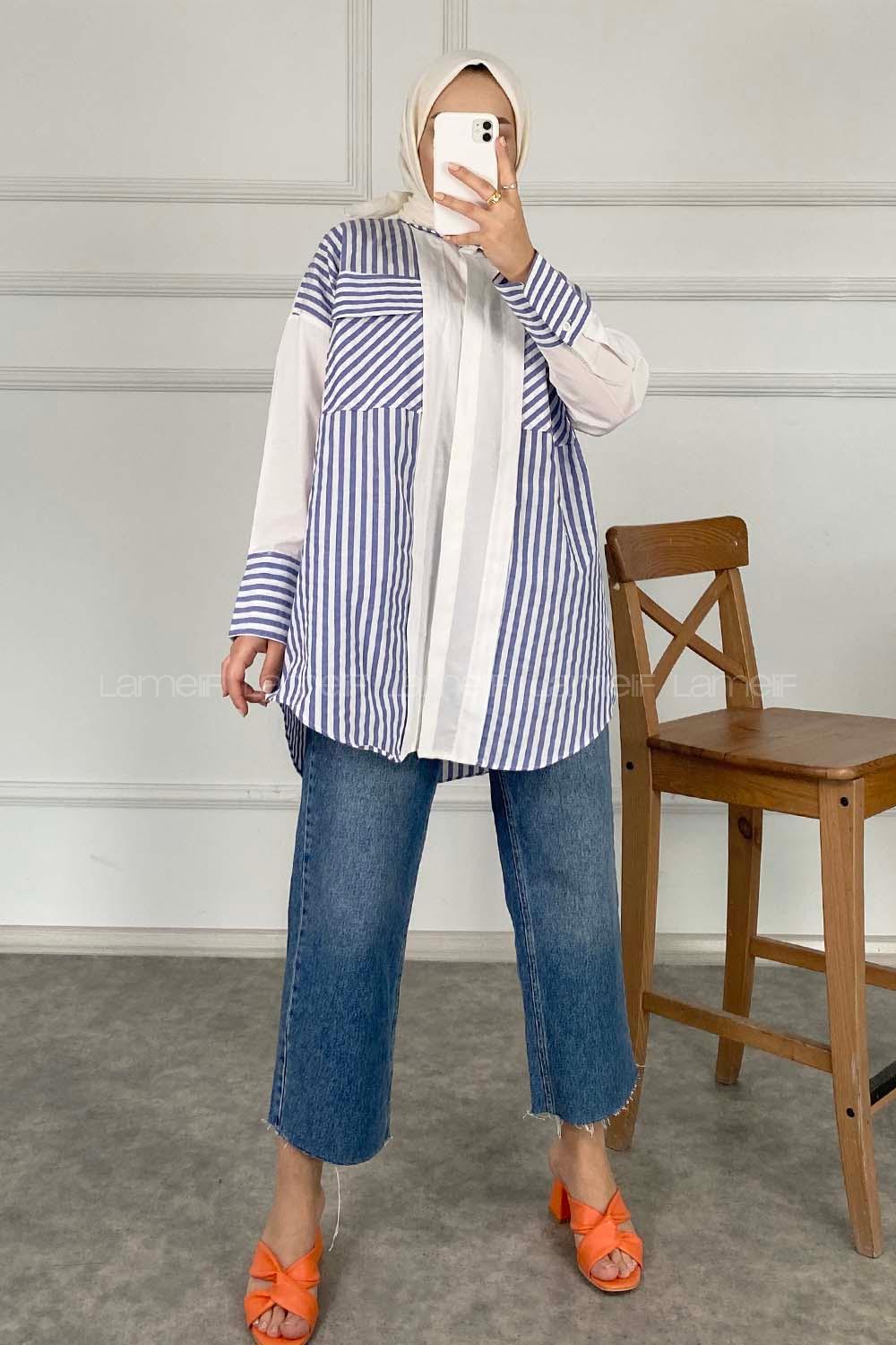 Modalamelif Çift Kapak Cepli Çizgili Gömlek Mavi