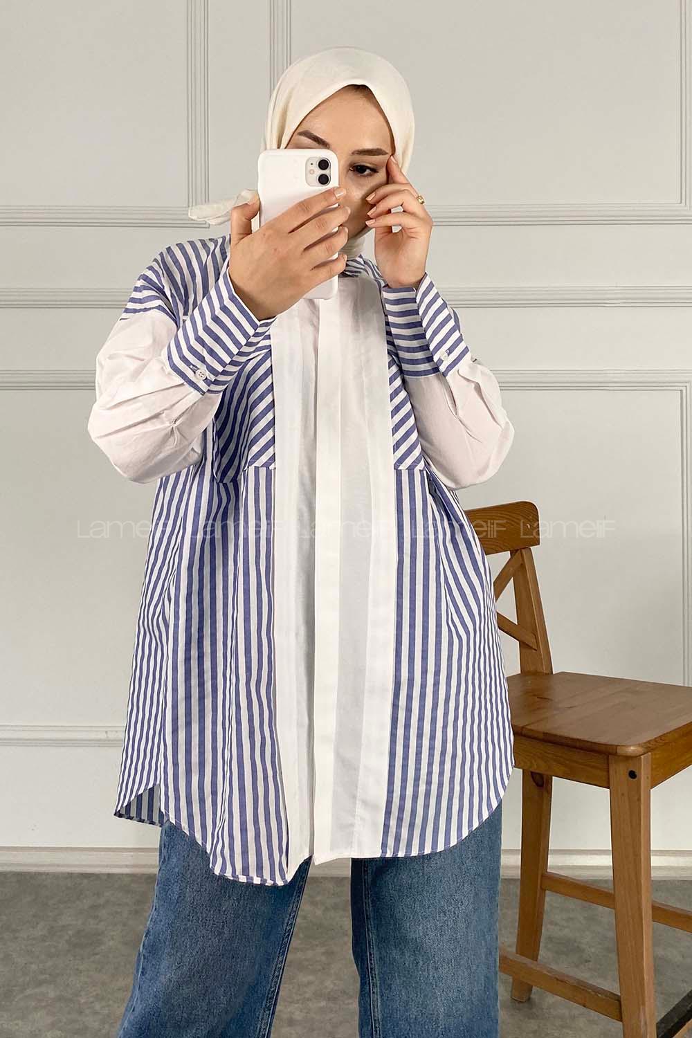 Modalamelif Çift Kapak Cepli Çizgili Gömlek Mavi