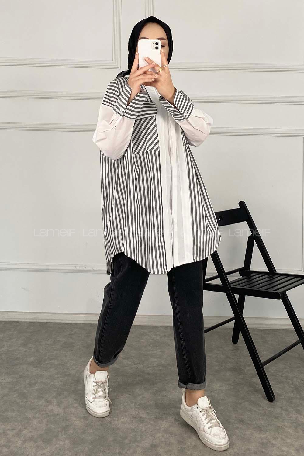 Modalamelif Çift Kapak Cepli Çizgili Gömlek Siyah